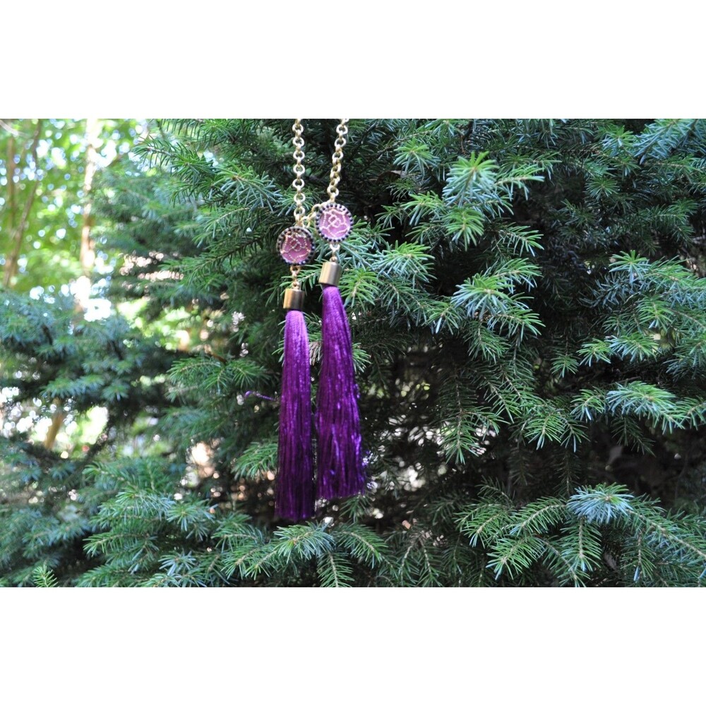 Gold tone post Boho / Gypsy rose motif earrings with purple tassel fringe